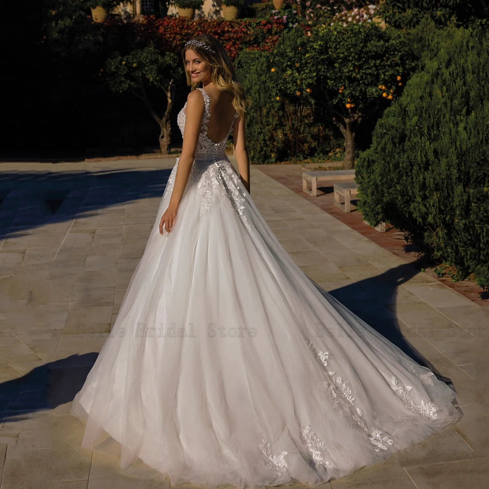 Abiti da sposa classici a V sul collo Mantini da sposa maniche Appliques Lunghezza del pavimento senza schienale A-Line Tulle Vestidos de novi 2024