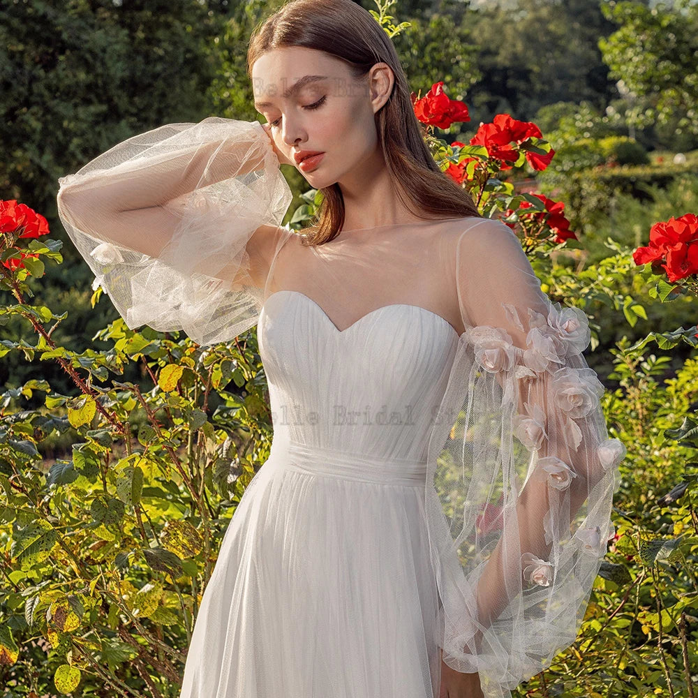 Elegantes vestidos de novia cuello joya mangas largas Ilusión nupcial de nupcias flores plisado longitud de piso tul vestidos de novia 2023