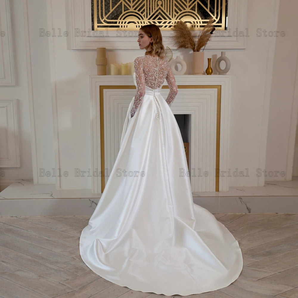 Glitter Wedding Dresses Jewel Neck Long Sleeves Sexy Bridal Gowns Beads High Slit Sweep Train A-Line Satin Vestidos De Novia