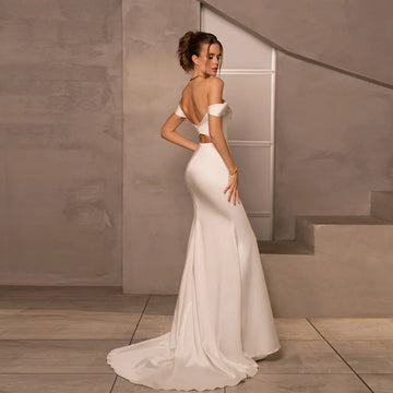 Elegante Off Schulter Brautkleider Ärmellose Brautkleider Backless Meerjungfrau Sweep Zug Elfenbein Taft свадебное платье 2023