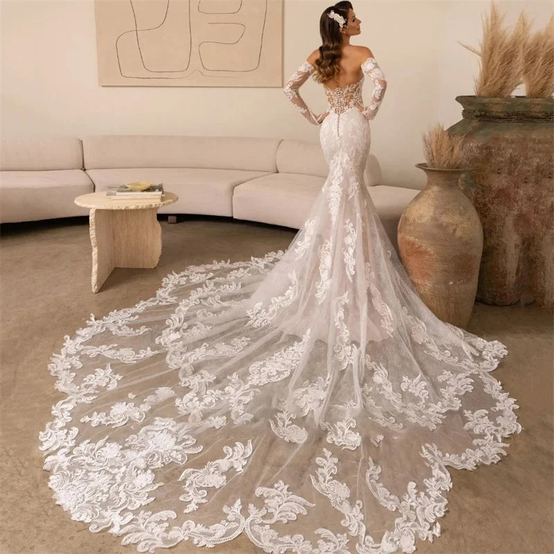 Luxury Wedding Dress Women Mermaid Open Back Lace Sweetheart Long Sleeve Bridal Gown Court Train Vestidos De Novia