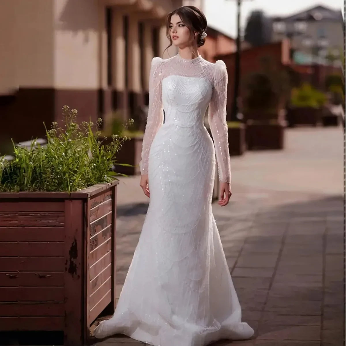 Funkelnde High Neck Brautkleider Frauen Elegante Pailletten Perlen Lange Puffärmel Meerjungfrau Brautkleider Mit Abnehmbarer Schleppe