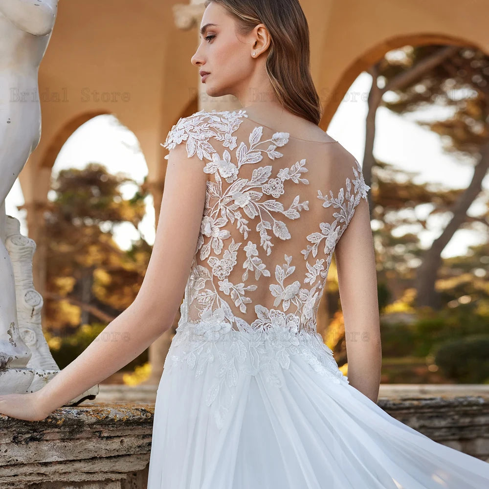 Sexy Chiffon Wedding Dresses V Neck Cap Sleeves Bridal Gowns Appliques Back Illusion Floor Length A-Line Vestidos De Novia 2024