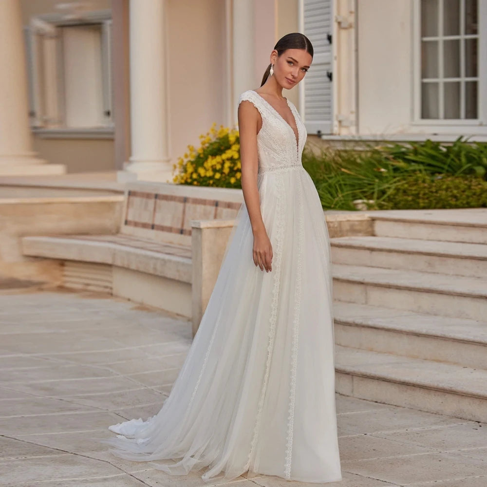 Eleganti abiti da sposa in tulle Abite con cappuccio a V profonde maniche da sposa in pizzo Lunghezza del pavimento senza schienale A-Line Vestidos de nobu 2024