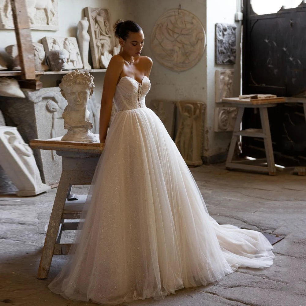 Simple Ivory Wedding Dresses Sweetheart Neck Detachable Sleeves A-Line Bridal Growns Pleat Sweep Train свадебное платье 2023