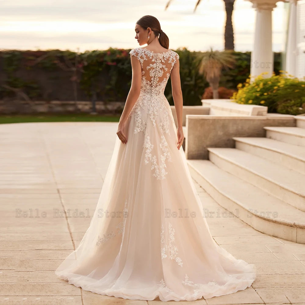 Robes de mariée élégantes Vres de nouglons V Vandes nuptiales Appliques illusion Longueur du sol A-Line Vestidos de Novia 2024