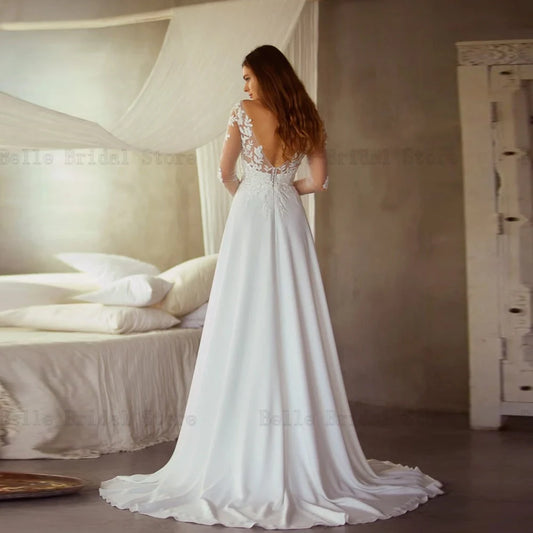 Classic Chiffon Wedding Dresses V Neck Long Sleeves Bridal Gowns Appliques Backless Floor Length A-Line Vestidos De Novia 2024