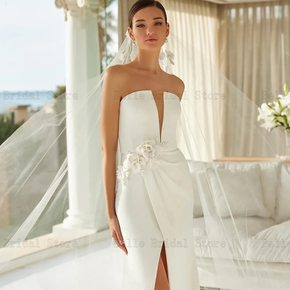 Elegante Brautkleider Trägerlose Ärmellose Brautkleider Blumen Zurück Reißverschluss Bodenlangen Frontschlitz Meerjungfrau Vestidos De Novia