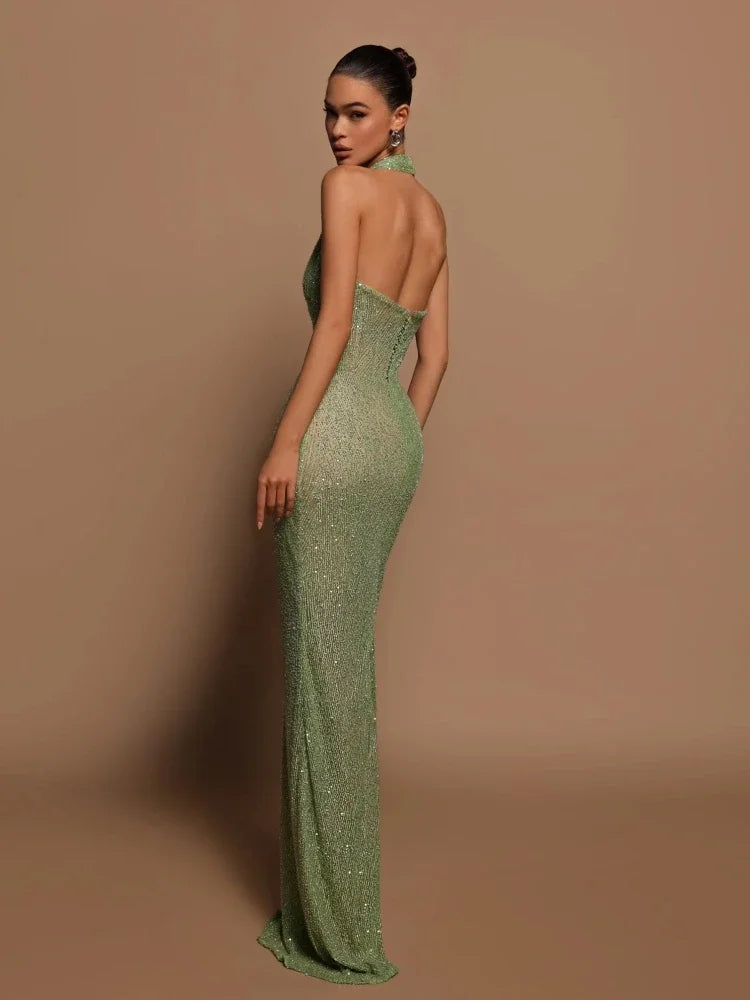 Sexy Halter Deep V Neck Sequins Maxi Dress Women Green Backless Sleeveless Sequined Slim Long Dresses Celebrity Party Gowns