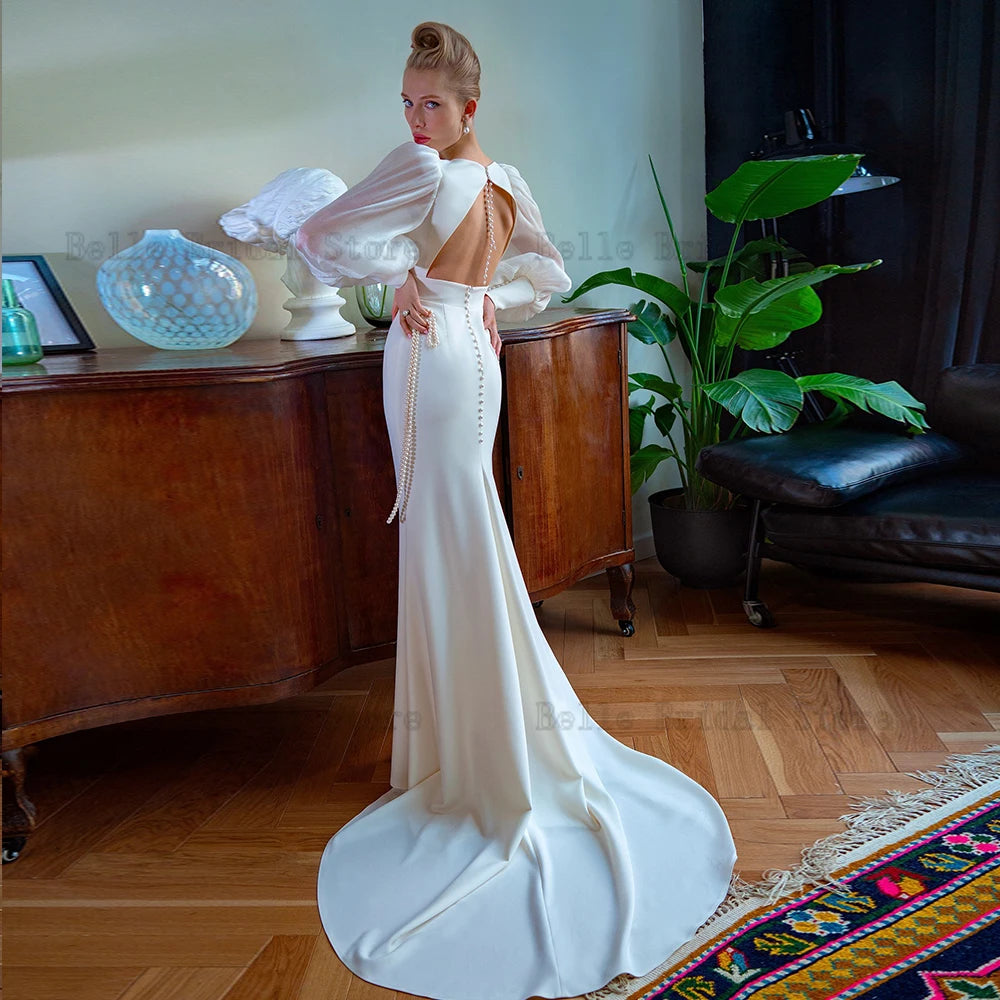 Elegant Mermaid Wedding Dresses V Neck Long Sleeves Bridal Gowns Backless Sweep Train Robe De Mariee