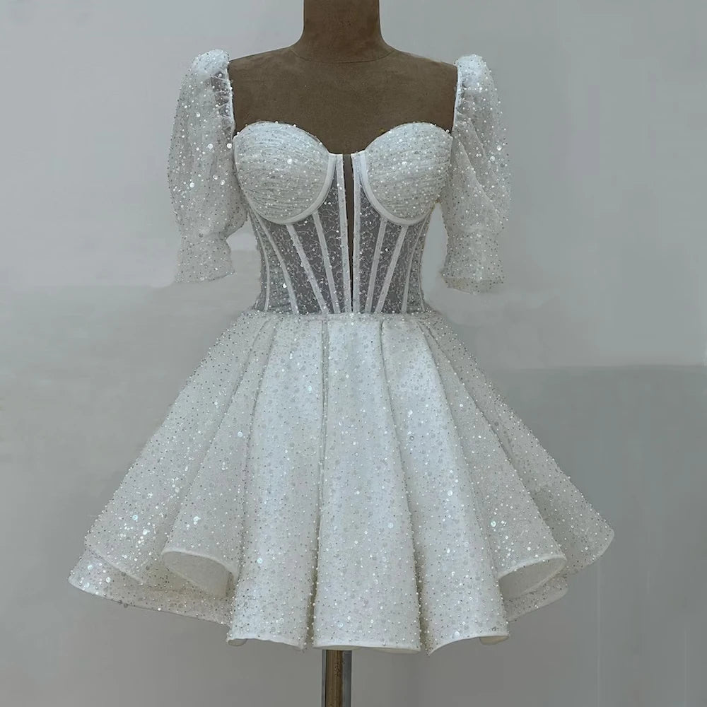 Mini abiti da sposa sexy a cuore maniche a soffio corta soffitta da sposa perle di paillettes sopra il ginocchio a-line vestidos de nolia