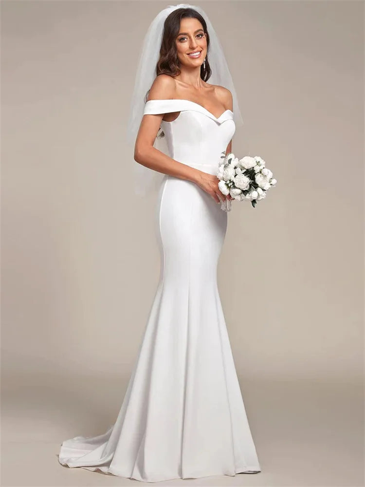 Blanc Off Bodice Bodice Robe de mariée élégante Back Back Balage de la longueur de planche à zétre pour mariée pour la mariée