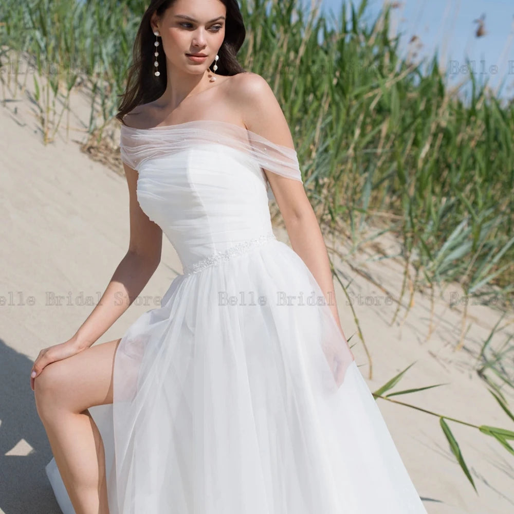 Sexy Off the Shoulder Wedding Dresses Sleeveless A-Line Bridal Gowns Beadings Sweep Train Front Slit Tulle Vestidos De Novia