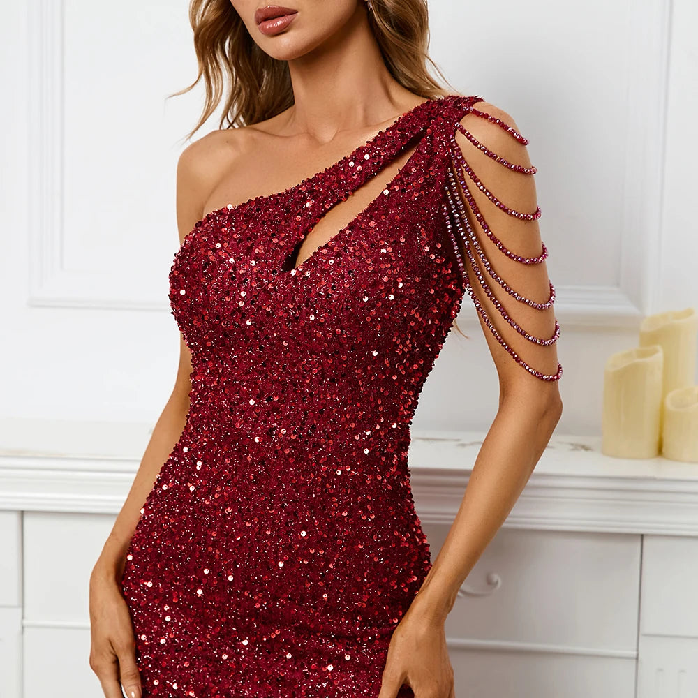 Sexy Slit Burgundy Sequin Dress Women One Shoulder Beading Long Evening Dress Party Maxi Dress