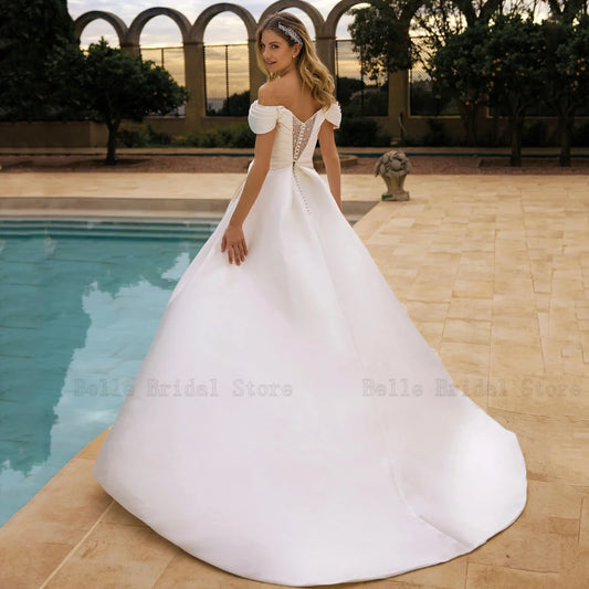 Simple Off Shoulder Wedding Dresses Boat Neck Sleeveless Bridal Gowns Back Button Floor Length A-Line Vestidos De Novia 2024
