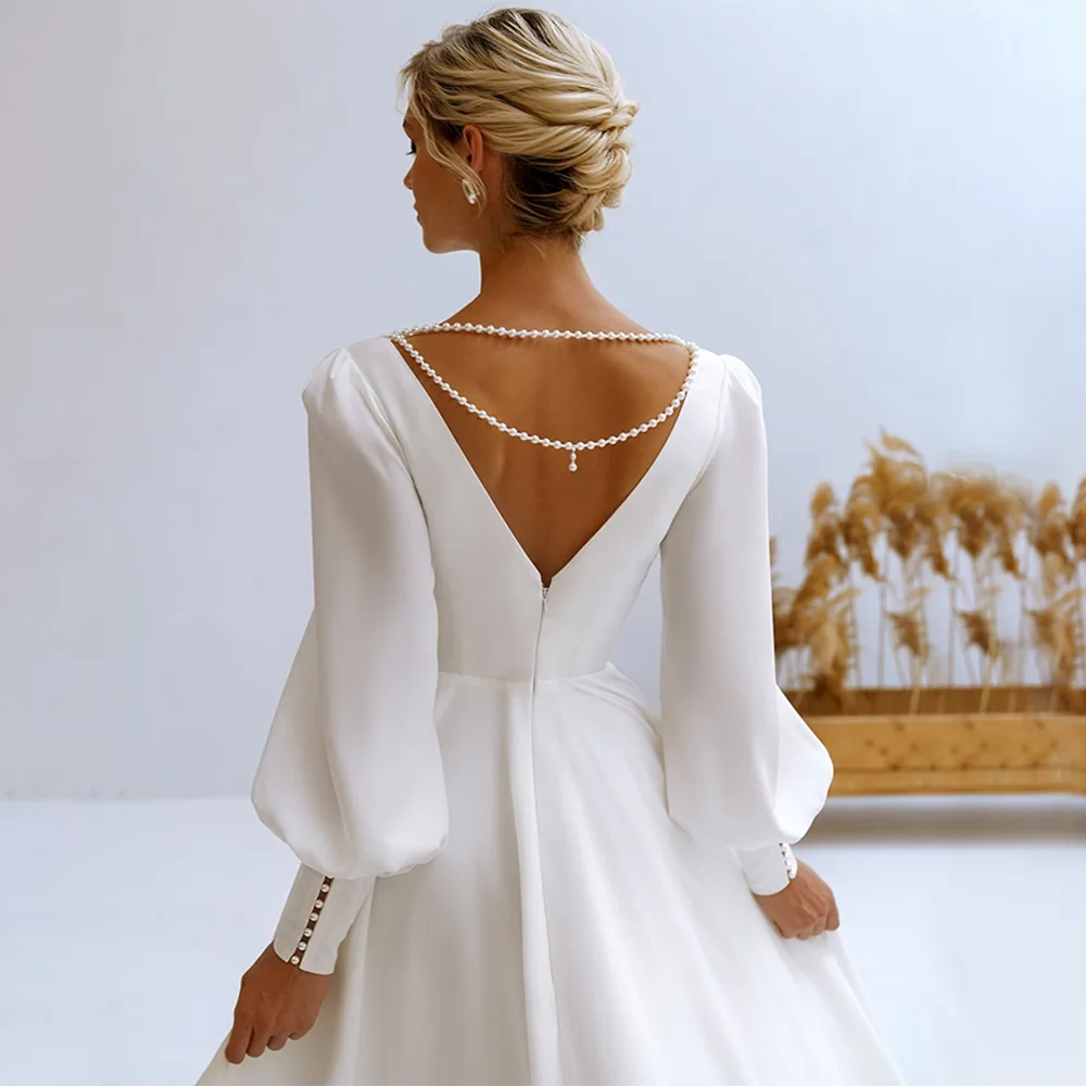 V-Neck Wedding Dress Long Sleeve A-Line Pleats Pears Simple Chiffom Bride Gown Backless Zipper Train Vestido De Novia