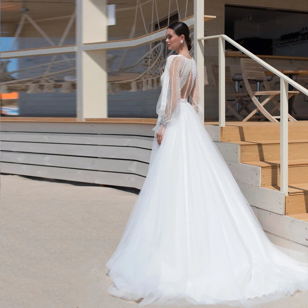 Eleganti abiti da sposa ad A-line gioiello a maniche lunghe abiti da sposa in pizzo illusione del treno tulle vestidos de noni 2024