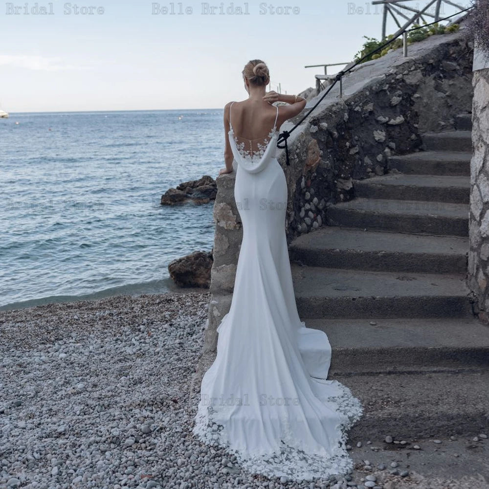 Abiti da sposa della sirena bianca semplice v NERCO spaghetti cinghie da sposa allevano appliques sweepless treno свадебное identi