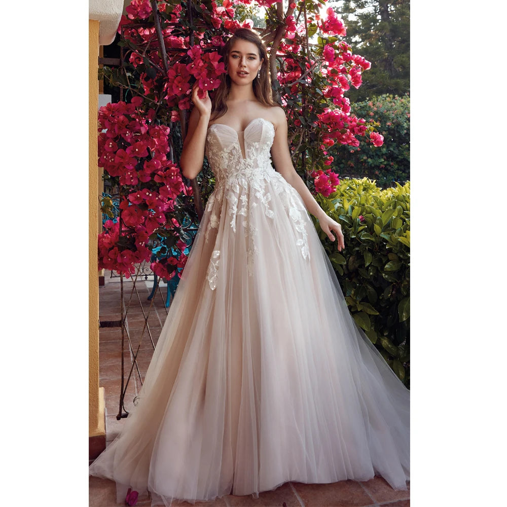 Classic Sweetheart Neck Wedding Dresses A-Line Bridal Gowns Appliques Bow Back Button Sweep Train Tulle Vestidos De Novia 2023