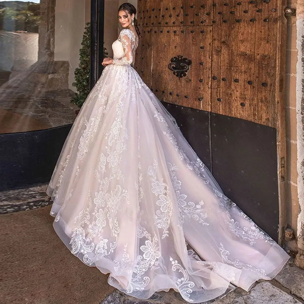 Fisa Magnifique robe de mariée à manches longues en dentelle 2024 Appliques Bride Bridal Illusion Back Sweetheart Tulle A Line Vestidos de Novia