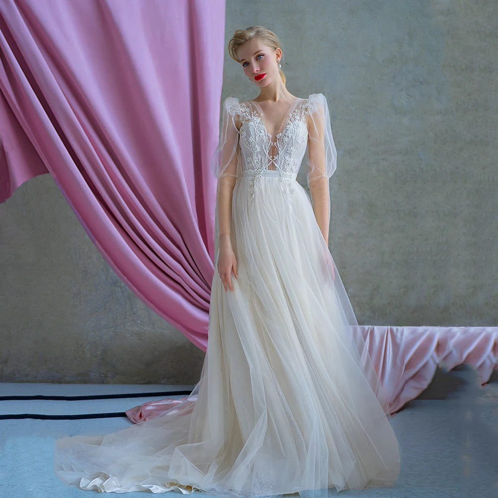 Eleganti abiti da sposa in tulle Abiti profondi a V maniche a soffio illuso abiti da sposa Appliques Abbaccante