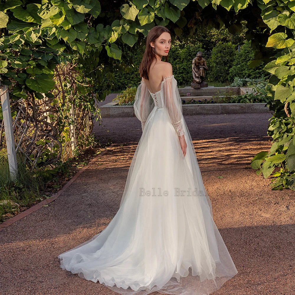 Vestidos de novia de la línea A de hombro Cuello, Campo Long Tul Tul Growns Growns Appliques Vestidos de longitud de piso de Novia