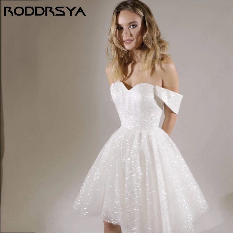 RODDRSYA Mini Wedding Dresses For Women Sparkling Tulle A-line Vestidos De Novia Princesa Sweetheart Off Shoulder Bride Party