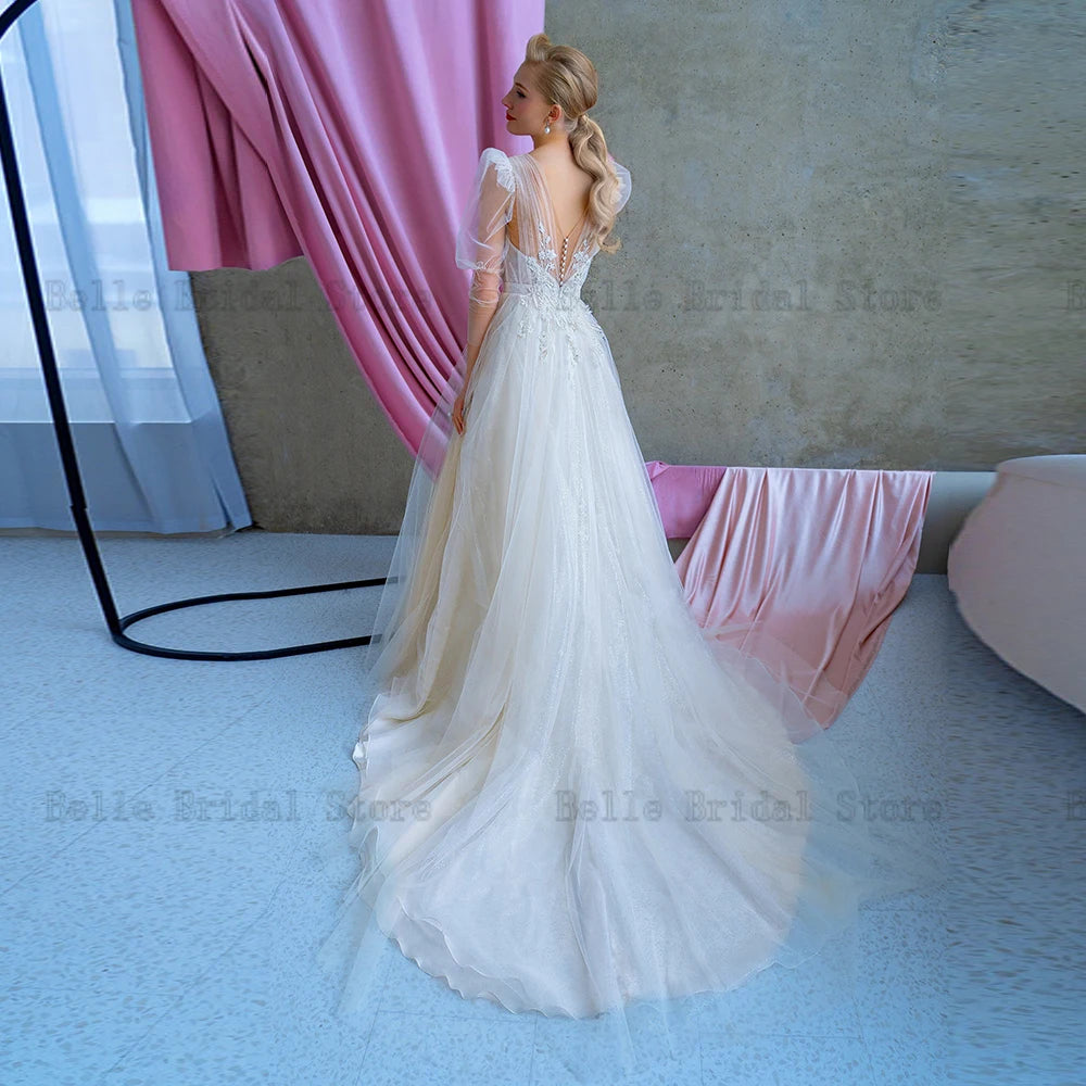 Eleganti abiti da sposa in tulle Abiti profondi a V maniche a soffio illuso abiti da sposa Appliques Abbaccante