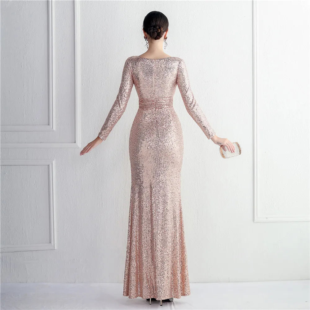 Sexy Slit Party Maxi Dress Gold Sequin Evening Dress Women Long Sleeve Dress Prom Dress