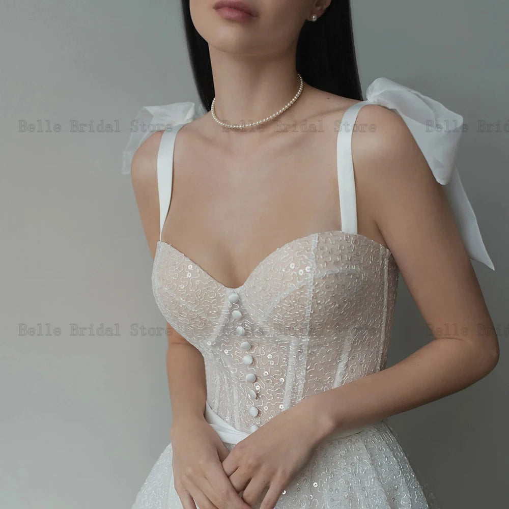 Vestidos de noiva de pescoço de coração brilho tiras de espaguete com vestidos de noiva Ilusão de trem de tule tulle tule tule с lpens сgens