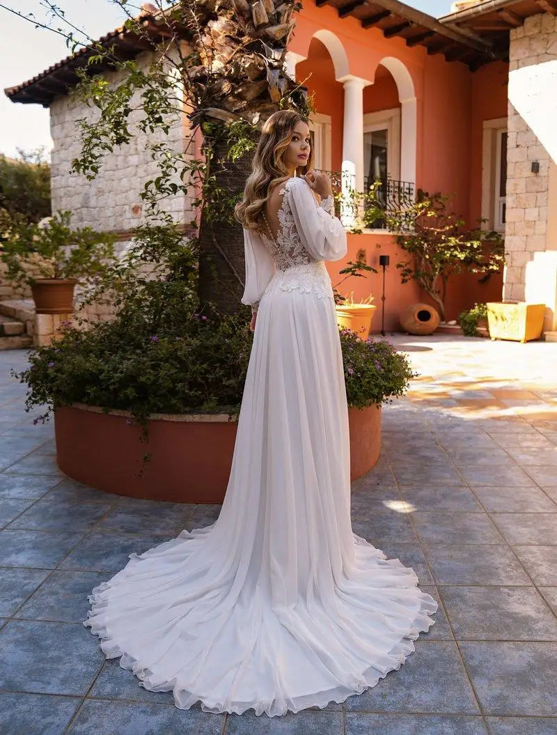 Sevintage Chiffon Lange Puffärmel Hochzeitskleid Boho Applikationen Spitze Strand Brautkleider O-Ausschnitt Hofschleppe Brautpartykleid