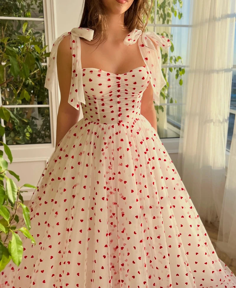 Sweetheart A-line White & Red Tulle Dress Ruffled Floor Length Woman Clothes Sweet Evening Dresses For Girl Prom Gown