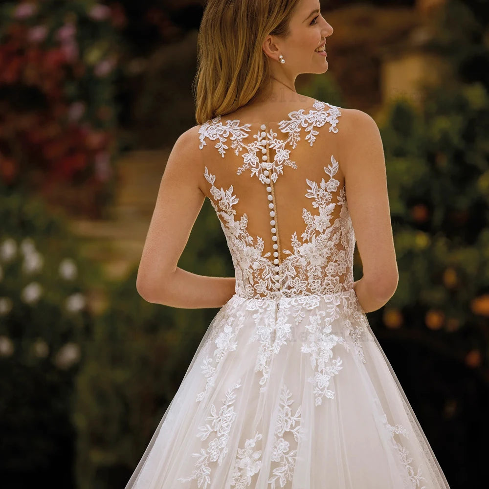 Elegant Wedding Dresses V Neck Sleeveless Bridal Gowns Appliques Back Button Floor Length A-lIne Tulle Vestidos De Novia 2024