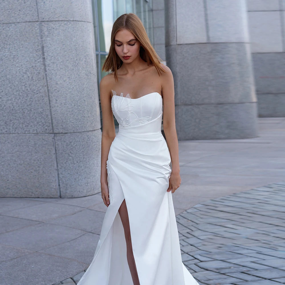 Vestidos de novia sin tirantes sin mangas para mujeres frontales divididos de la novia con apliques blancos Vestidos de Novia Backless