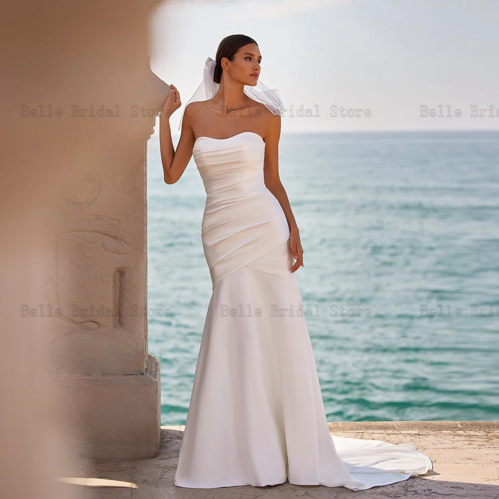 Vestidos de novia de satén blancos de sirena de la sirena suzada de nupciales de espalda sin espalda apliques beads vestidos de novia