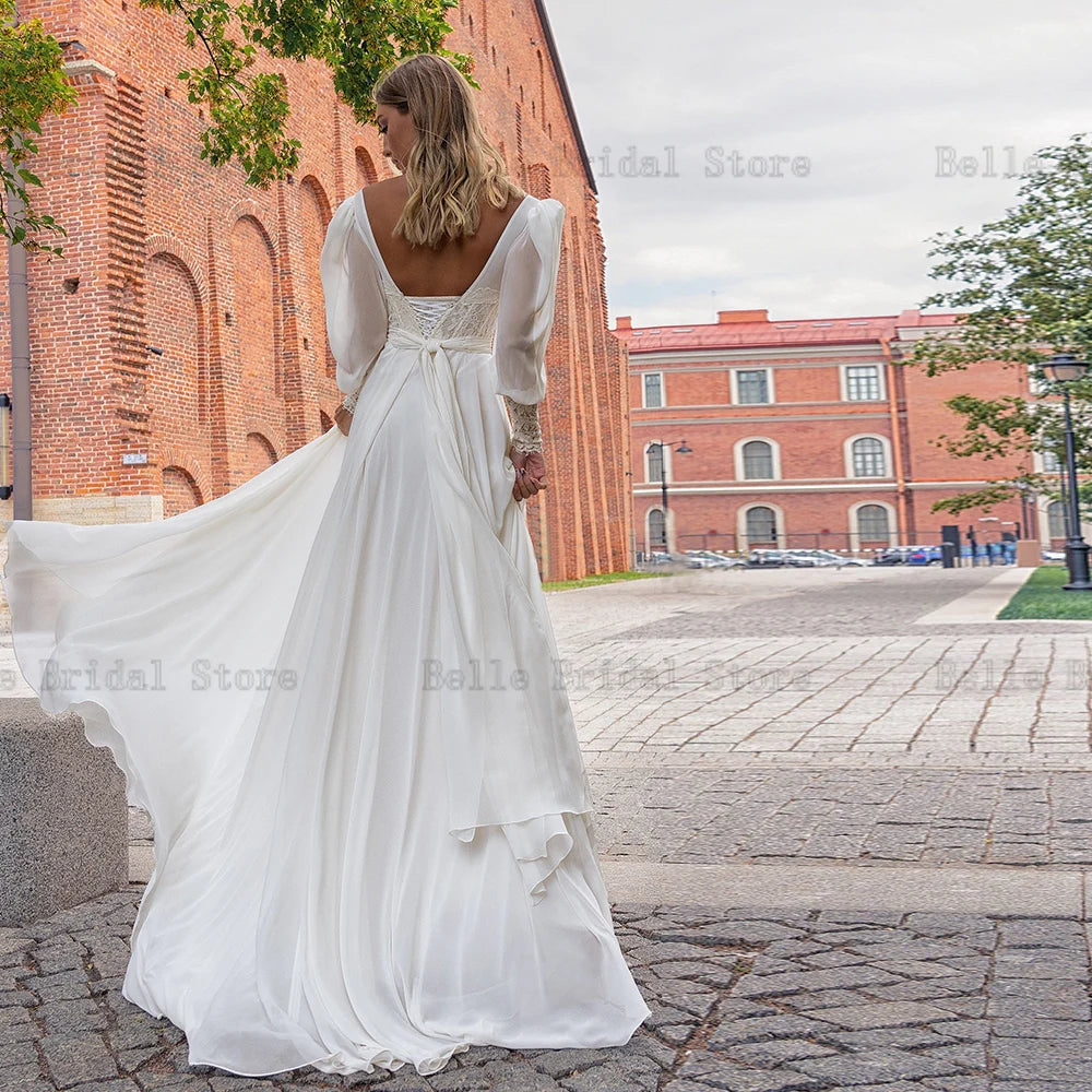 Elegant Chiffon Wedding Dresses Sweetheart Neck Puff Sleeves Bridal Gowns Lace Back Lace up Sweep Train A-line Robe De Mariee