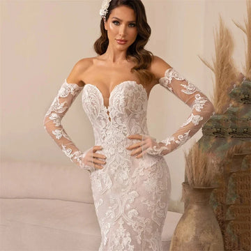 Luxury Wedding Dress Women Mermaid Open Back Lace Sweetheart Long Sleeve Bridal Gown Court Train Vestidos De Novia