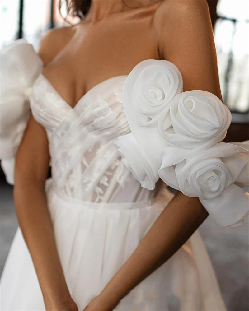 Organza classique une ligne robes de mariée de l'épaule Robe de la mariée en fleurs 3D COMMEAUX ROBES BRIDAL VESTIDO DE NOIVA FEMMES