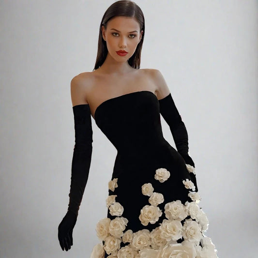 Formelle Meerjungfrau-Ballkleider, trägerlos, 3D-Blumen, Abendkleid, Partykleid 2024, Promi-Cocktailkleid, Abendkleid in Übergröße