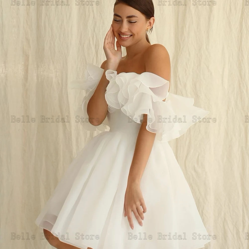 Semplici abiti da sposa corti Corta di barche fuori dagli abiti da sposa delle spalle sopra il ginocchio a-line mini organzavestidos de nolia