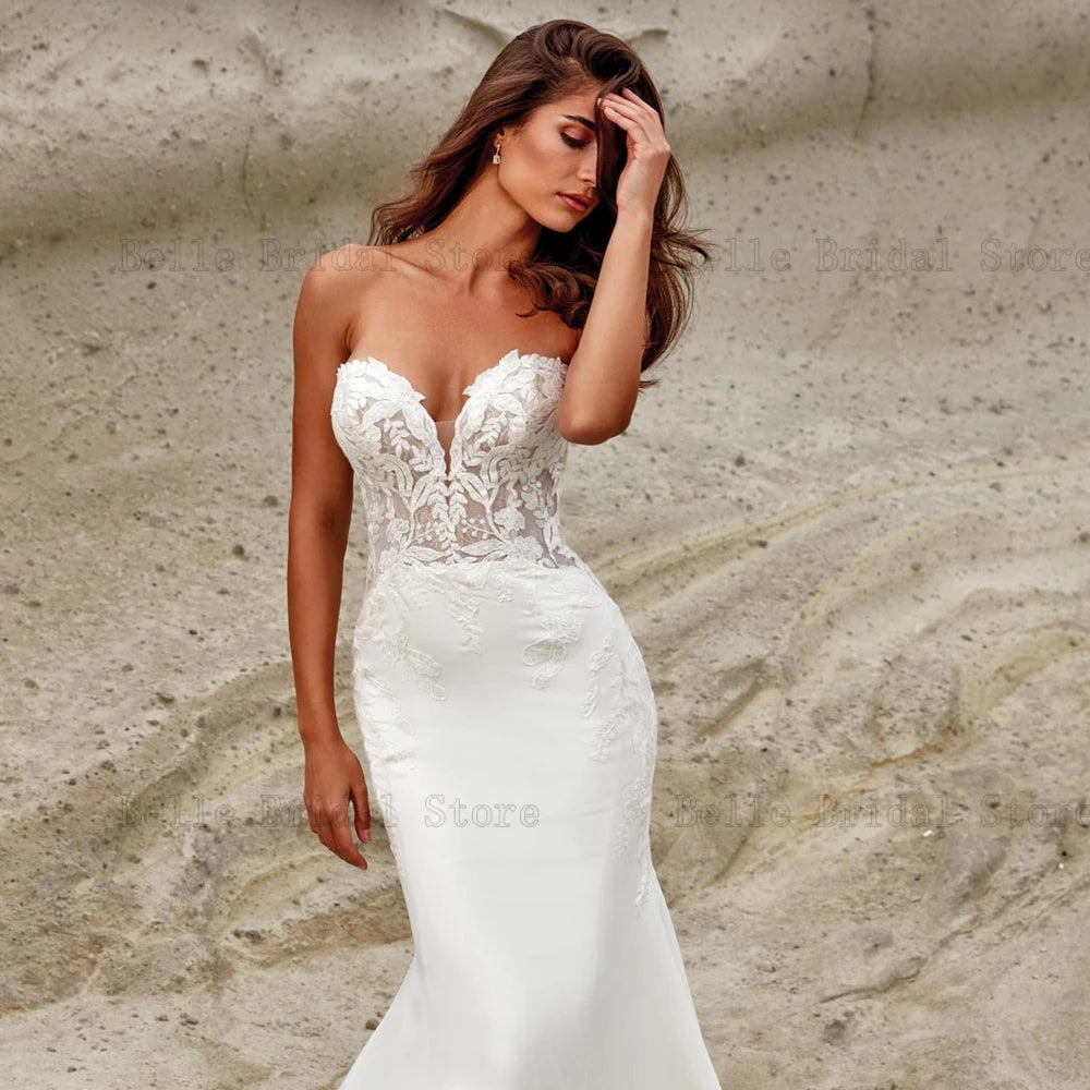 Sexy Sweetheart Neck Wedding Dresses Off Shoulder Bridal Gowns Appliques Back Button Sweep Train Mermaid Robe De Mariee 2024