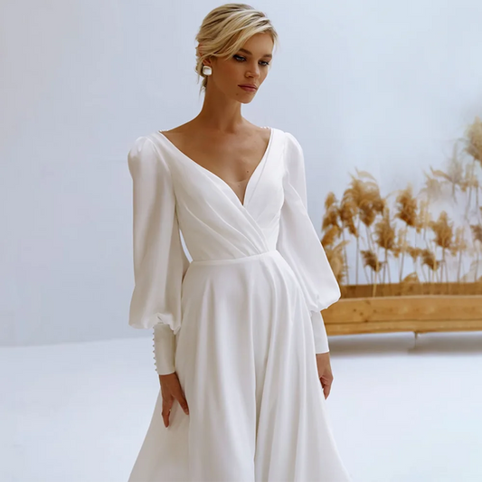 V-Ausschnitt Hochzeitskleid Langarm A-Linie Falten Birnen Einfaches Chiffom Brautkleid Rückenfrei Reißverschluss Schleppe Vestido De Novia