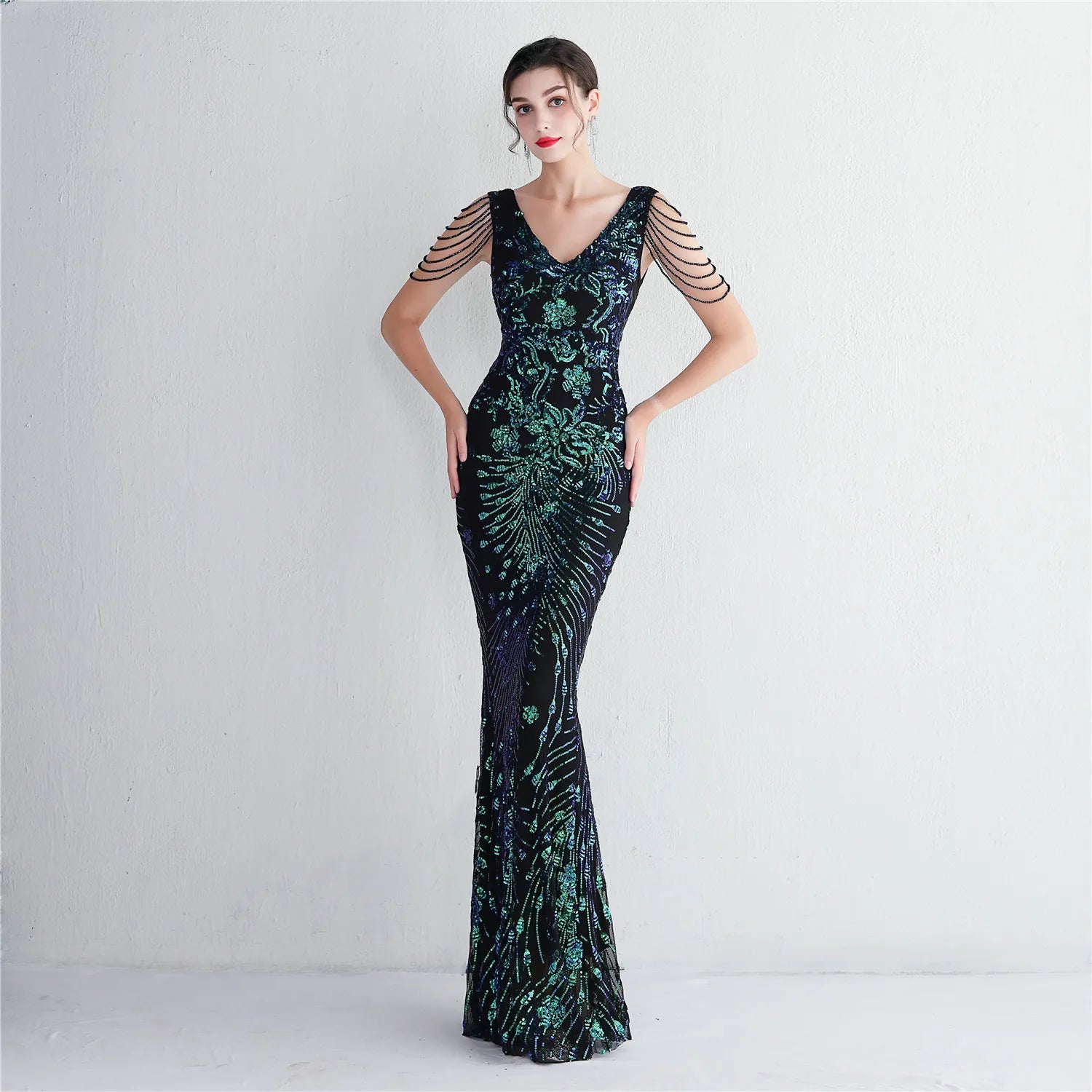 Women Beading Dress Long Prom Dress V Neck Red Sequin Evening Dress Sexy Party Maxi Dress