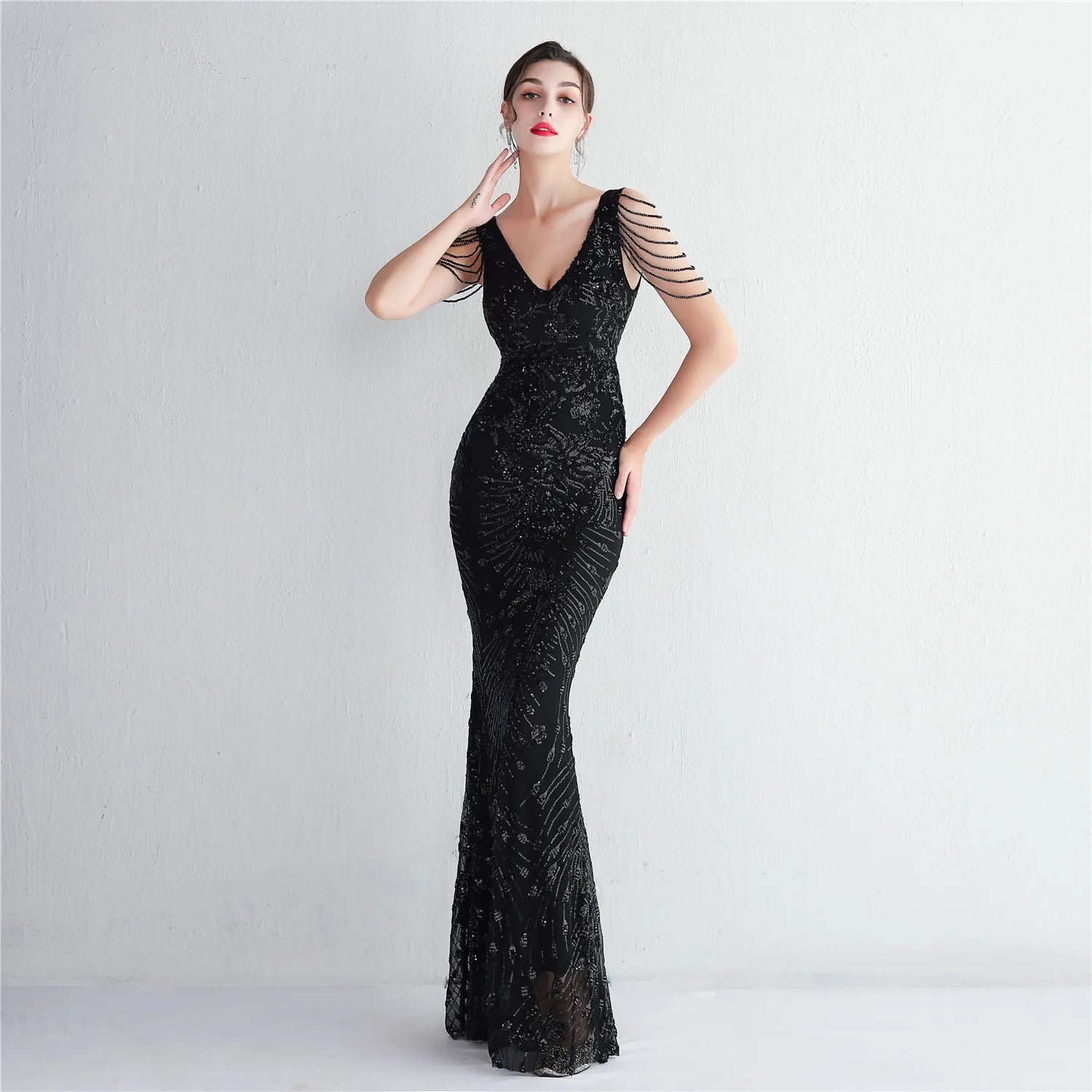 Women Beading Dress Long Prom Dress V Neck Red Sequin Evening Dress Sexy Party Maxi Dress