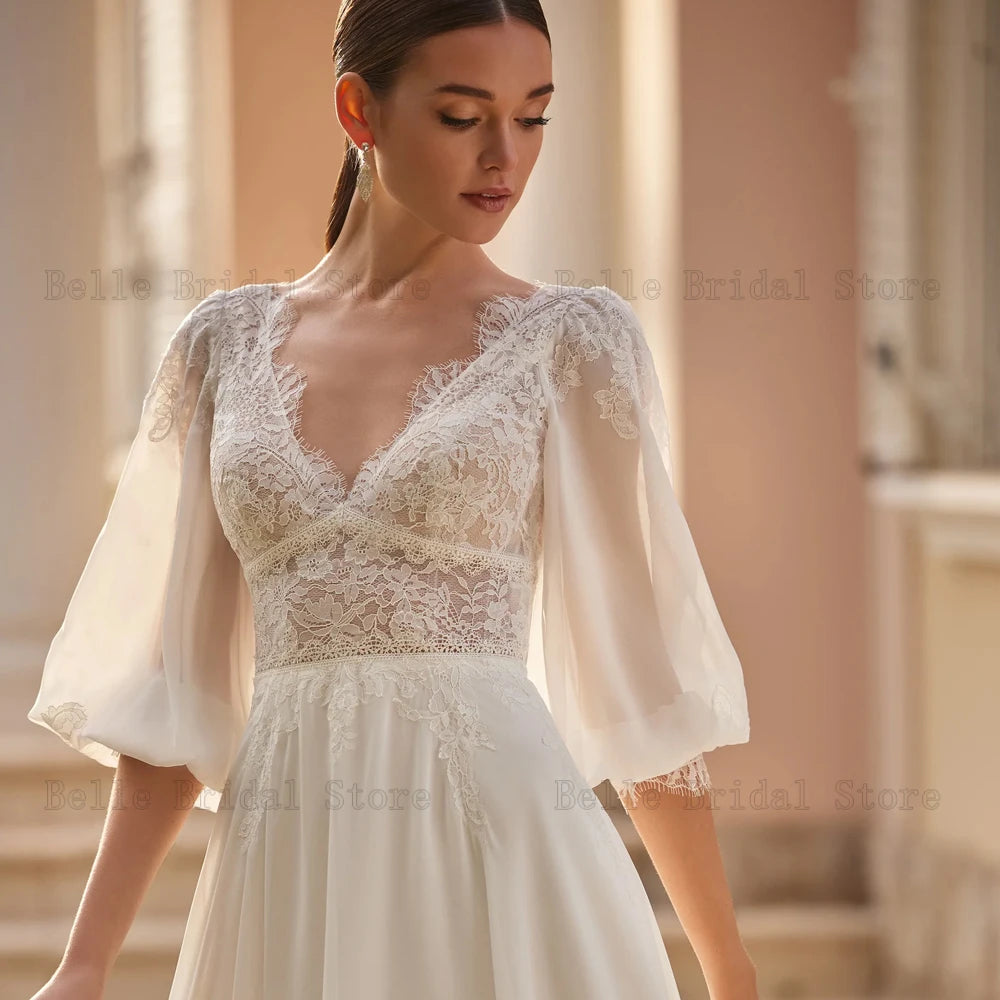 Abiti da sposa semplici a V Deep Neck 3/4 maniche da sposa abiti da sposa in pizzo Pulsante senza schiena Lunghezza a un vestidos de novi 2024