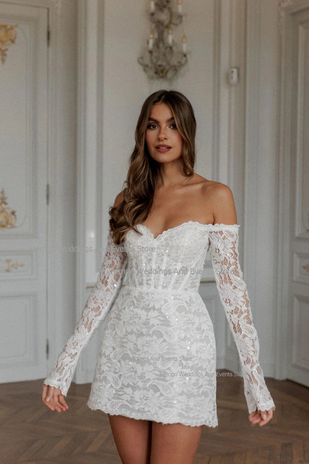 Verngo Short Off Shoulder Wedding Dress Mermaid Lace Bridal Gown Long Sleeves Women Lace Up Bride Dresses vestidos novia 2024