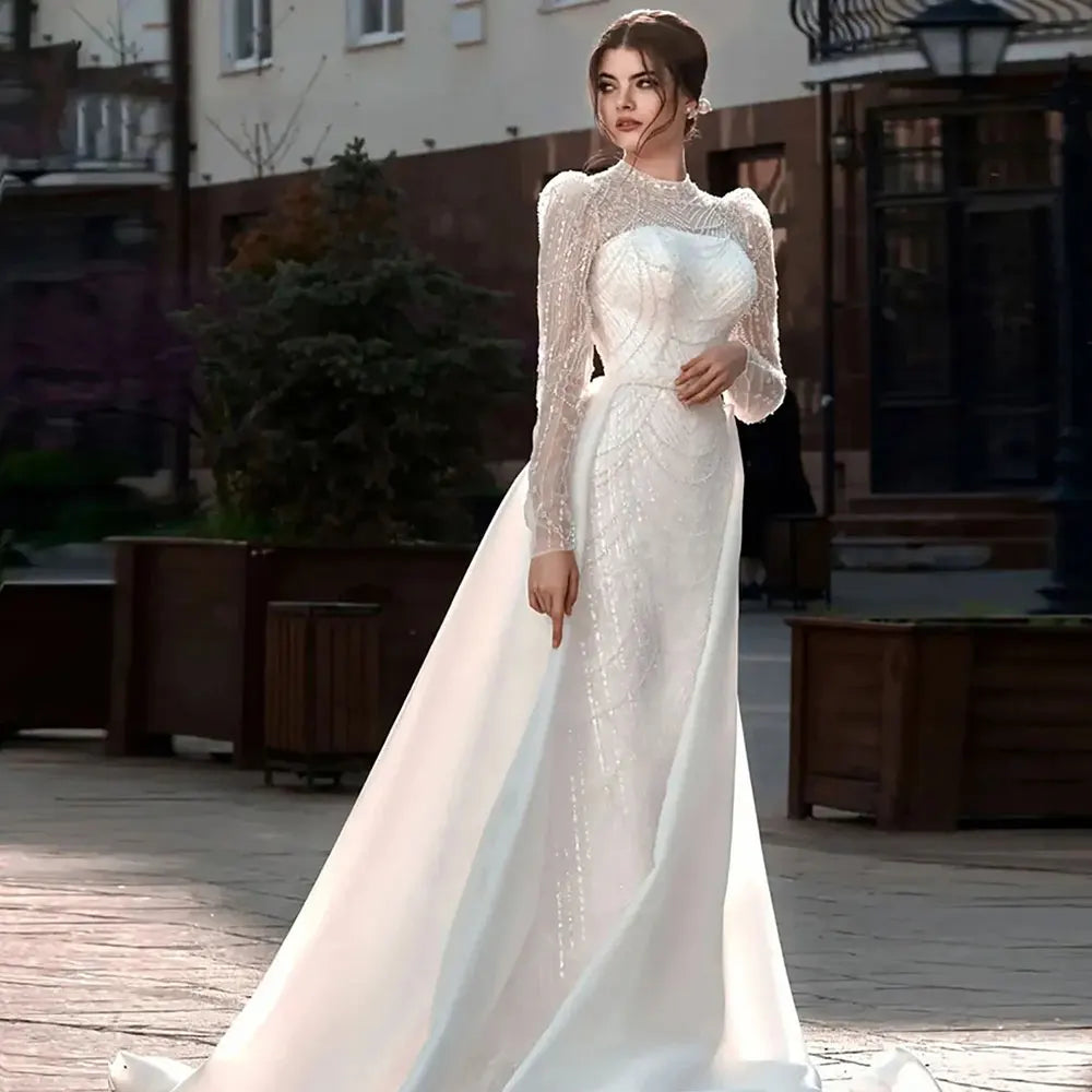 Funkelnde High Neck Brautkleider Frauen Elegante Pailletten Perlen Lange Puffärmel Meerjungfrau Brautkleider Mit Abnehmbarer Schleppe