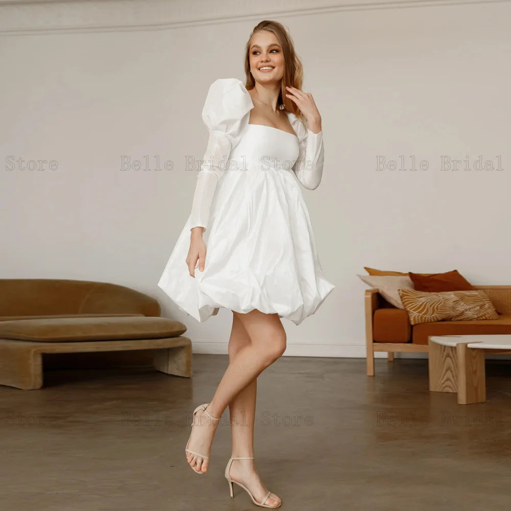 Vestidos de novia blancos Cuello cuadrado Mangas largas de bocanadas cortas Vestidos de novia A-Línea sobre Satinado hasta la rodilla فساierta مناسبة حسب الطلب mant.