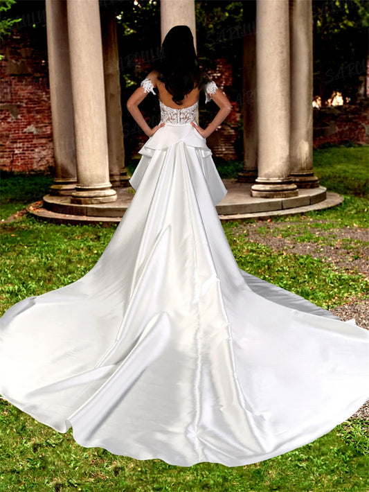 Satin Skirt Wedding Dress Lace Beaded Bride Dresses Off Shoulder Sleeve Sweetheart Bridal Wedding Gown Robe De Mariée