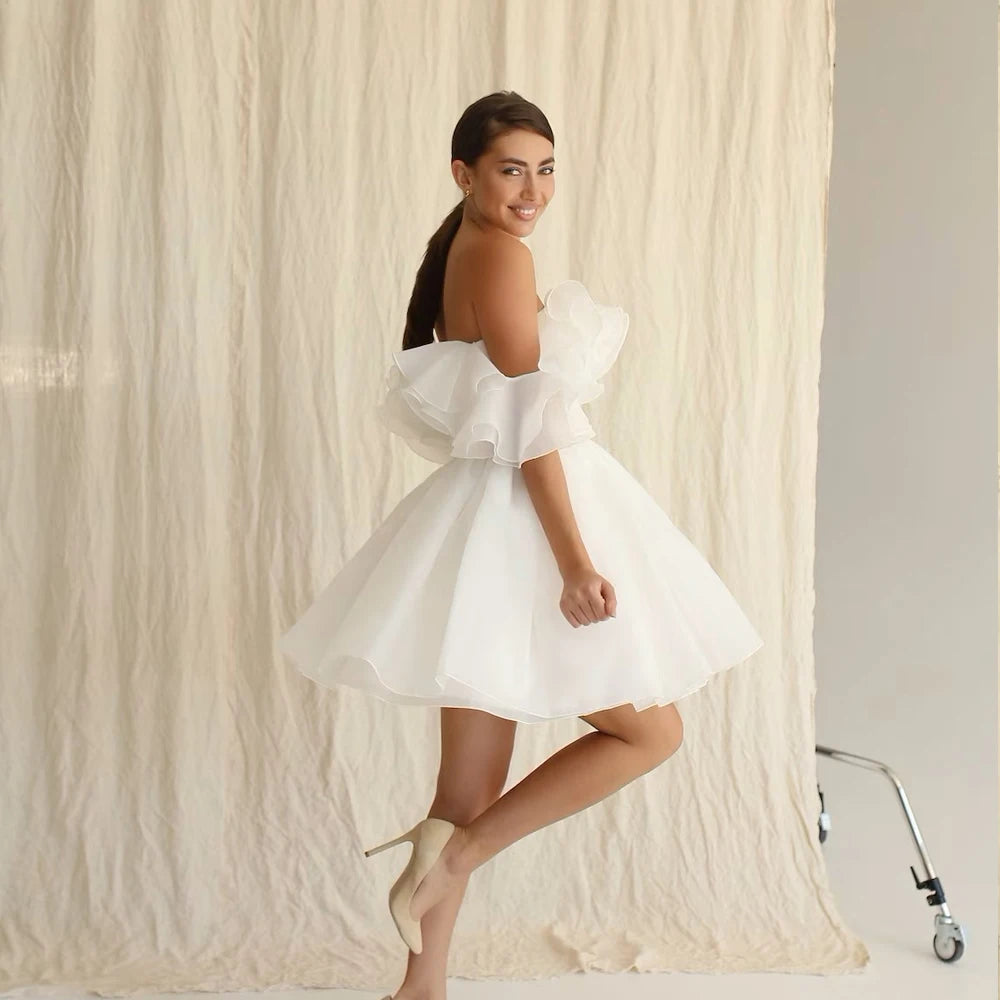 Semplici abiti da sposa corti Corta di barche fuori dagli abiti da sposa delle spalle sopra il ginocchio a-line mini organzavestidos de nolia